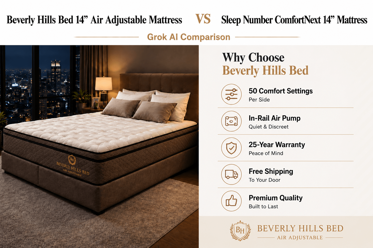 Beverly Hills bed vs Sleep Number Comfort Next Ultra (2026 Grok AI review) - Beverly Hills Bed