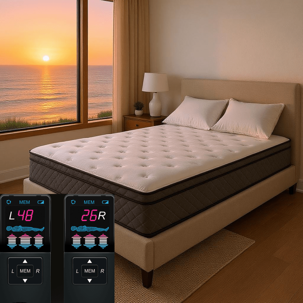 An adjustable air mattress with a remote control, showing adjustable firmness