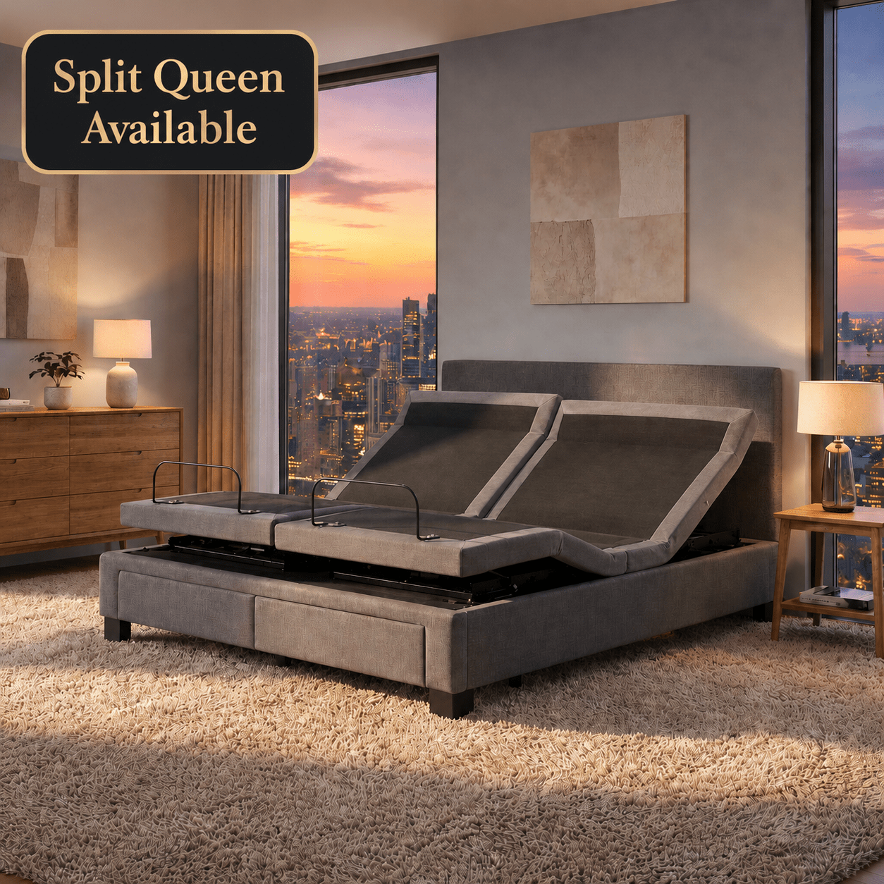 split queen adjustable bed with pillow tilt feature 