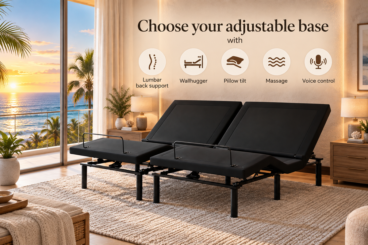 A split cal king adjustable electric bed frame with features that include lumbar back support, wallhugger, pillow tilt, massage, and voice control.