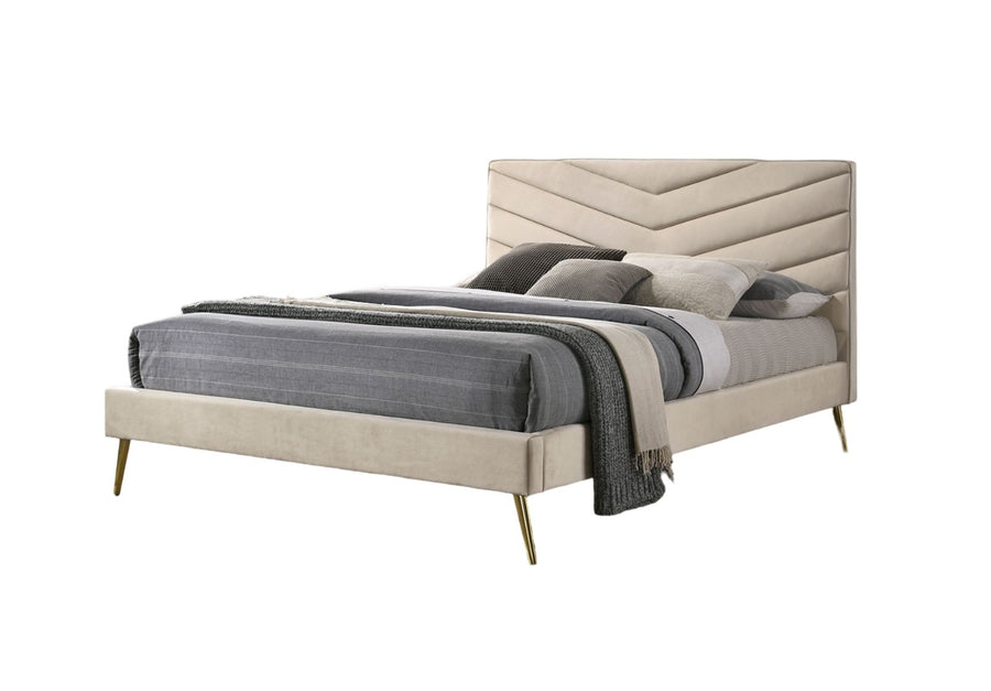 Mid-century modern queen upholstered headboard with beige flannelette chevron tufted design