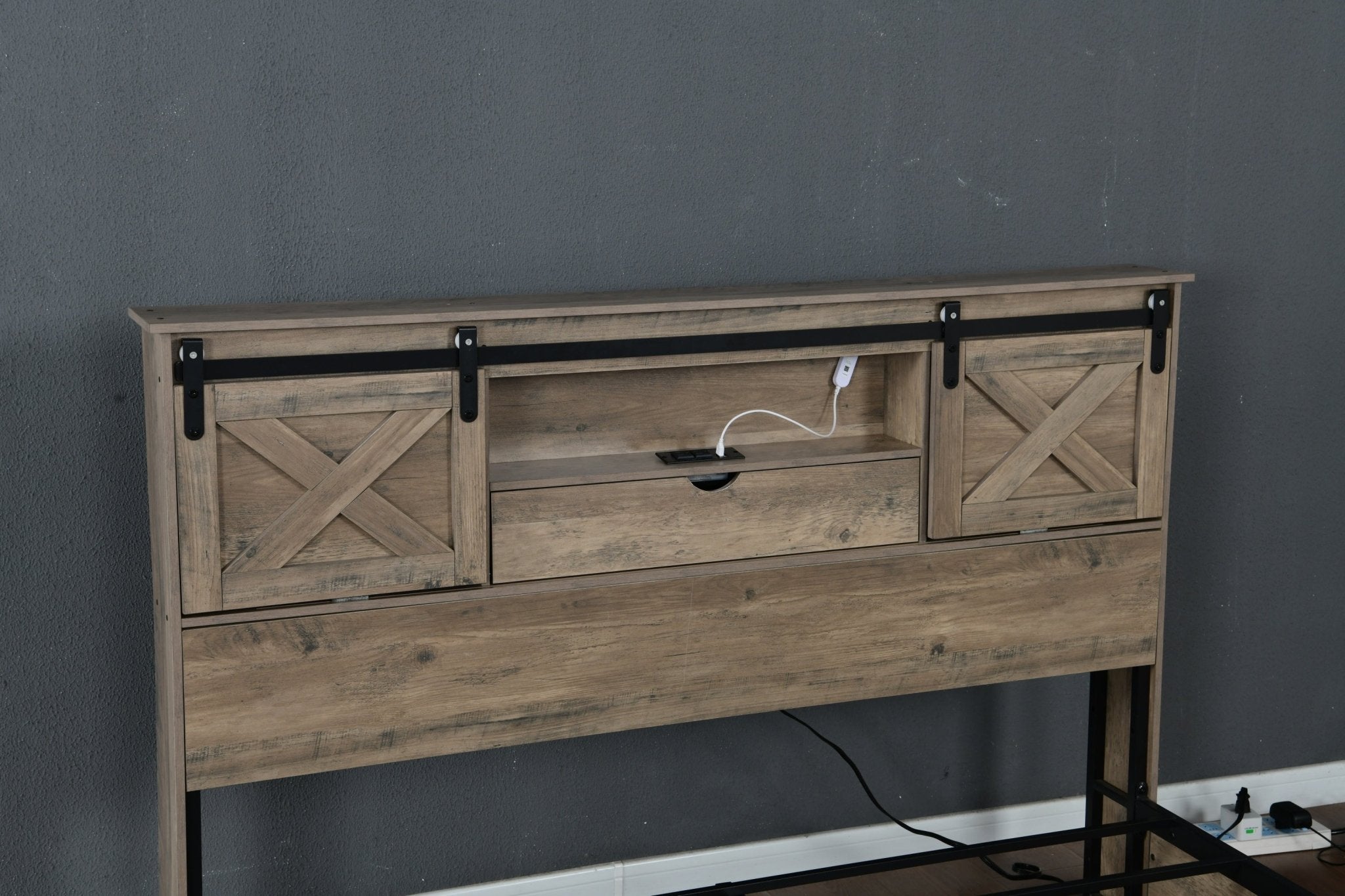 Farmhouse Queen Size with 2 Storage Drawers with Sliding Barn Door Storage Cabinets - Beverly Hills Bed