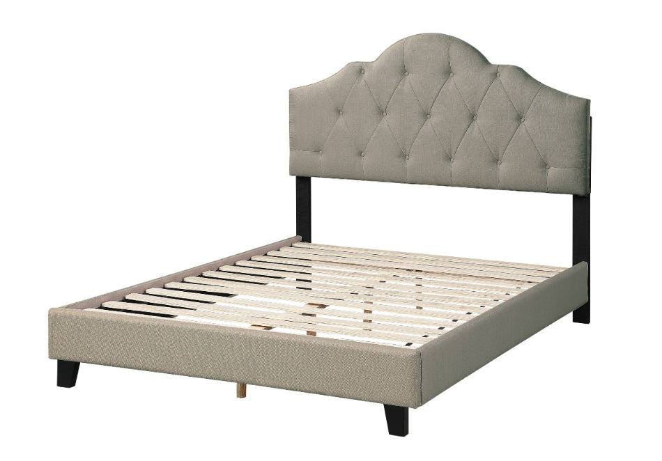 Full view of queen platform bed frame with grey upholstered tufted headboard