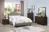 Grey upholstered platform bed frame with customizable headboard height