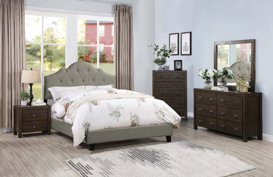 Grey upholstered platform bed frame with customizable headboard height