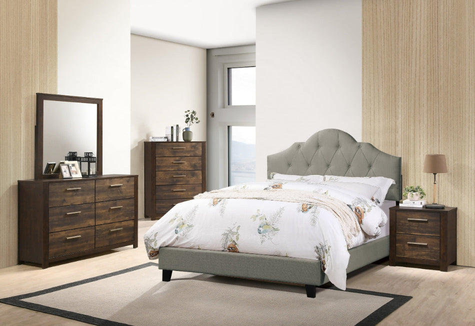 Contemporary queen bed frame with grey tufted headboard in bedroom setting