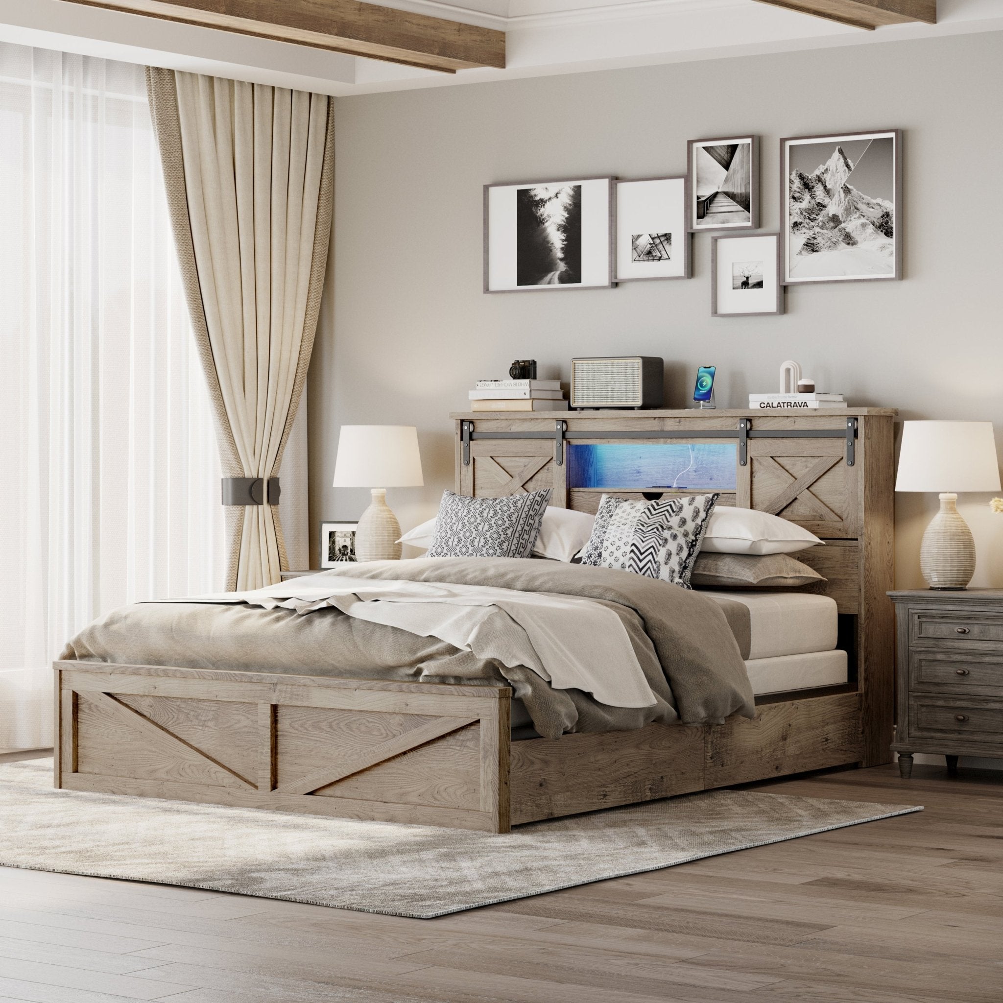 Farmhouse Queen Size with 2 Storage Drawers with Sliding Barn Door Storage Cabinets - Beverly Hills Bed