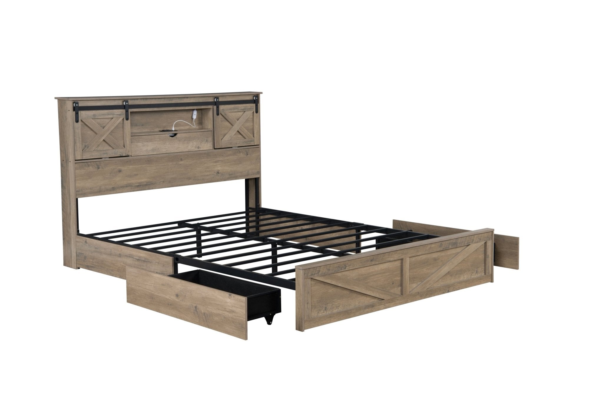 Farmhouse Queen Size with 2 Storage Drawers with Sliding Barn Door Storage Cabinets - Beverly Hills Bed