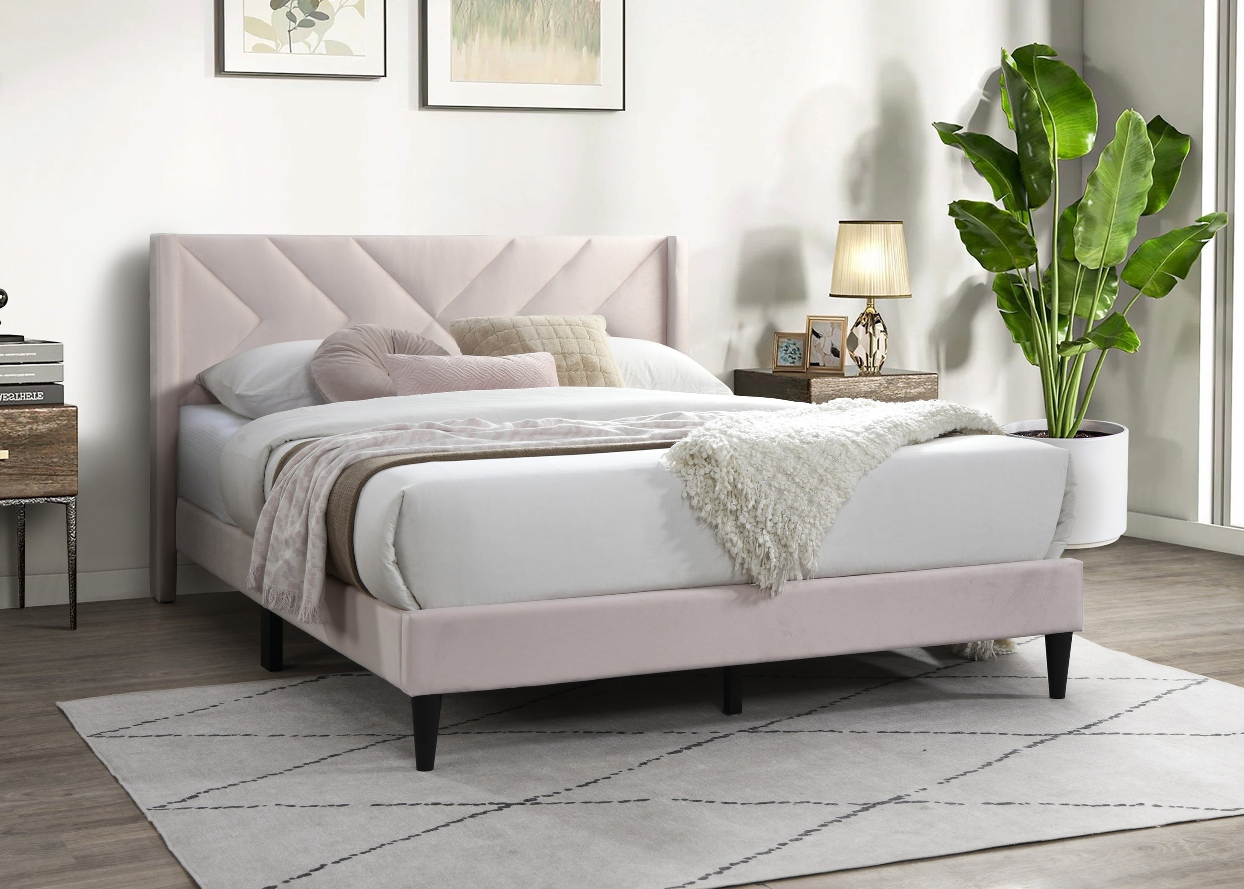 Queen Size Velvet Bed Frame - Light Pink with Geometric Stitched Headboard