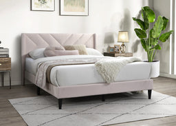 Queen Size Velvet Bed Frame - Light Pink with Geometric Stitched Headboard