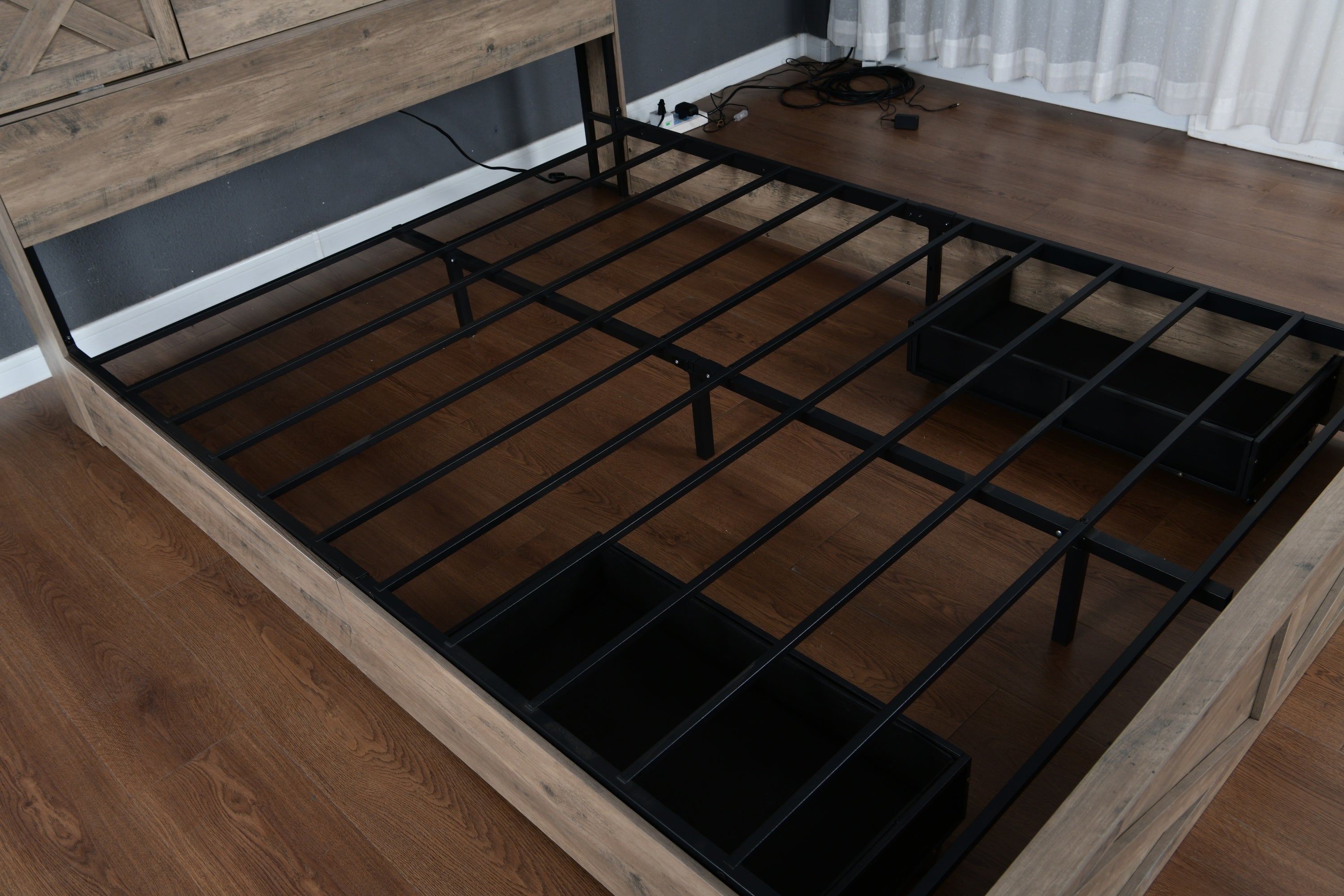 Full front view of assembled farmhouse queen bed frame with all features
