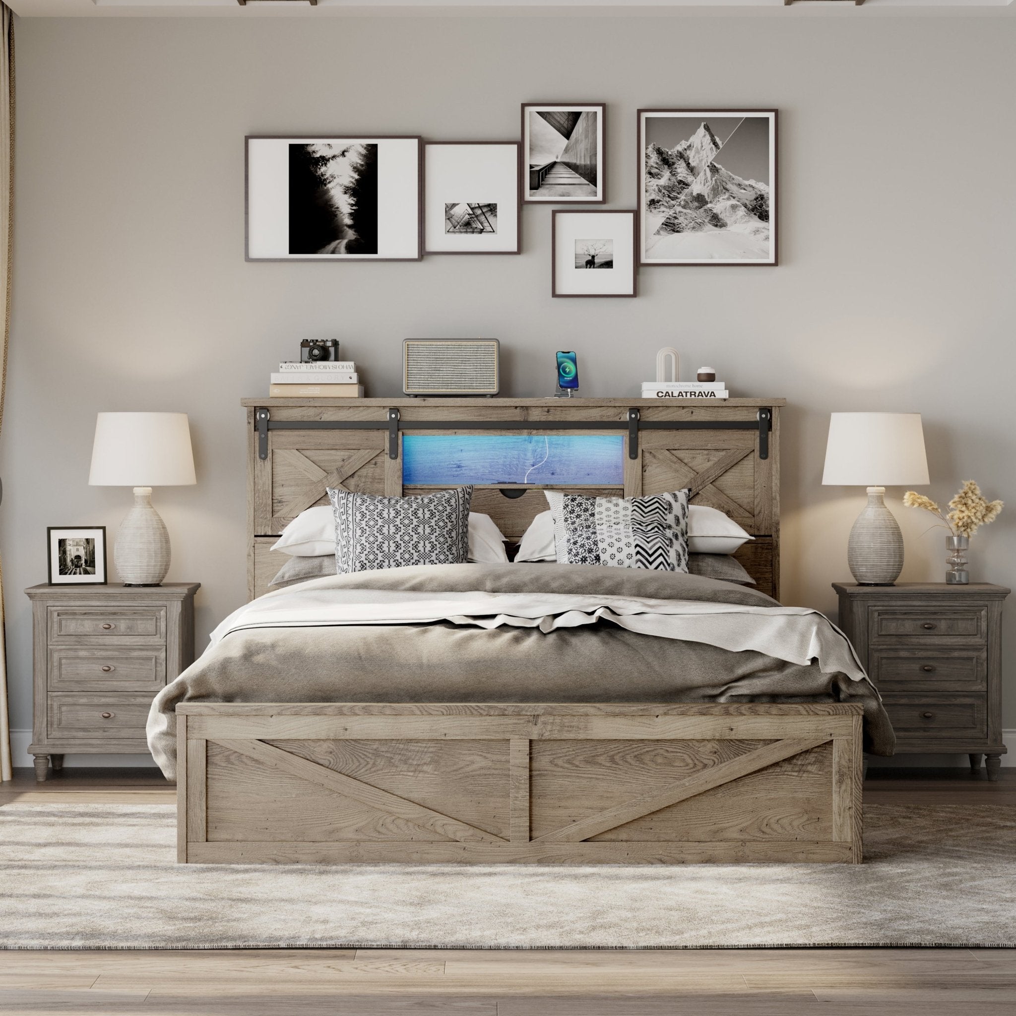 Farmhouse Queen Size with 2 Storage Drawers with Sliding Barn Door Storage Cabinets - Beverly Hills Bed