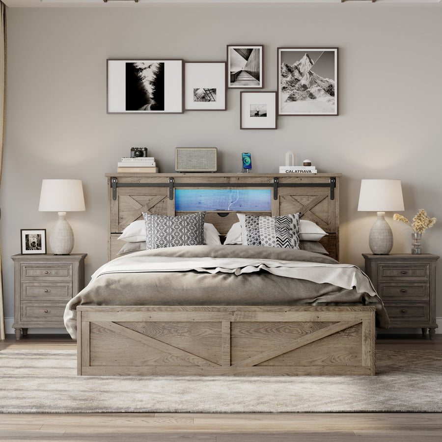 Farmhouse Queen Size with 2 Storage Drawers with Sliding Barn Door Storage Cabinets - Beverly Hills Bed
