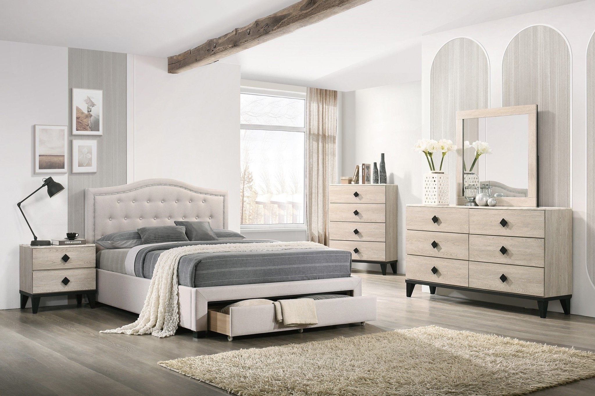 Queen Size Bed Frame with Storage Drawer - Light Brown Burlap Button Tufted Headboard - Beverly Hills Bed