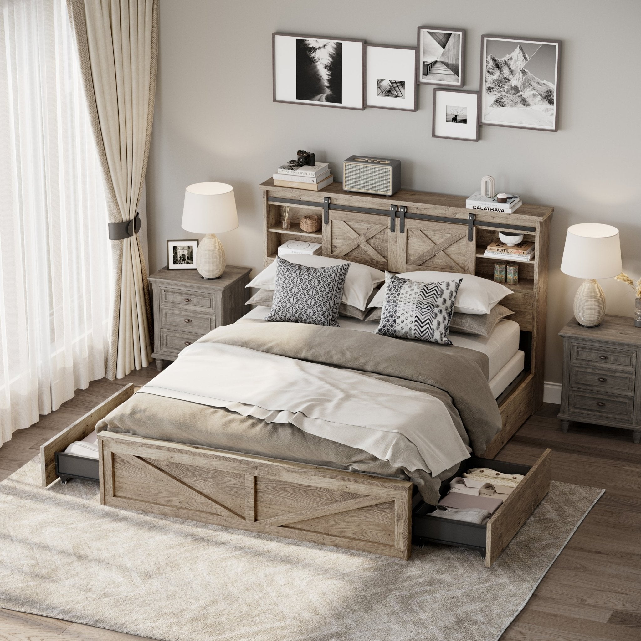 Farmhouse Queen Size with 2 Storage Drawers with Sliding Barn Door Storage Cabinets - Beverly Hills Bed