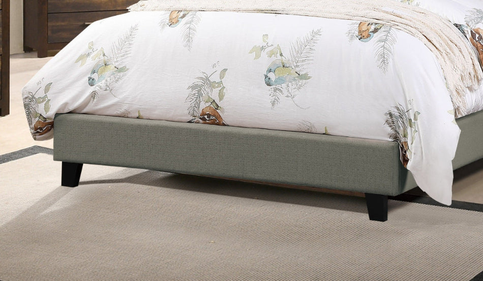 Queen bed frame showing adjustable headboard height feature in grey upholstery