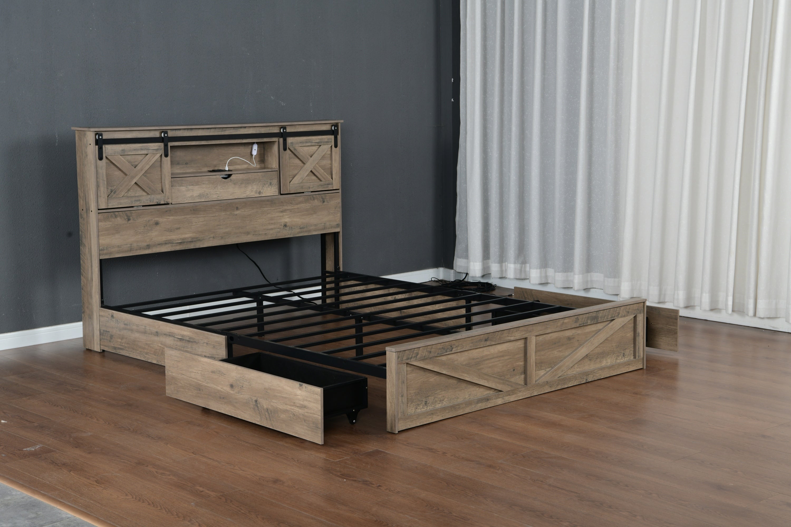 Two storage drawers underneath farmhouse queen bed frame
