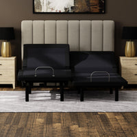 "Adjustable bed base lumbar support feature and positioning controls"