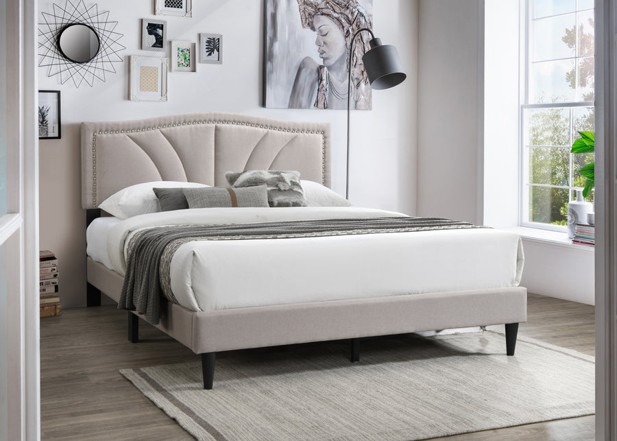 Queen upholstered platform bed with light brown burlap fabric and nailhead trim headboard