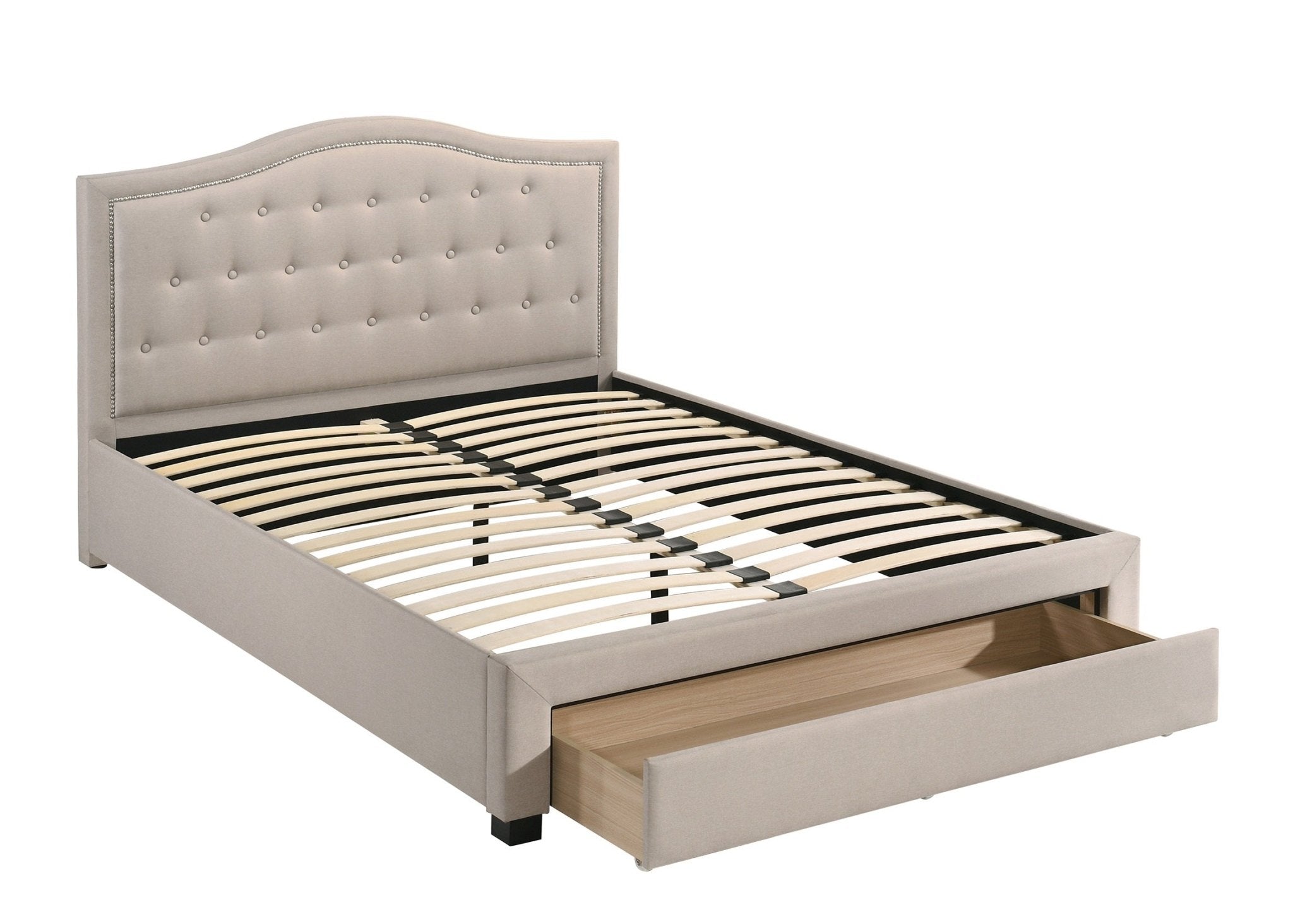 Queen Size Bed Frame with Storage Drawer - Light Brown Burlap Button Tufted Headboard - Beverly Hills Bed
