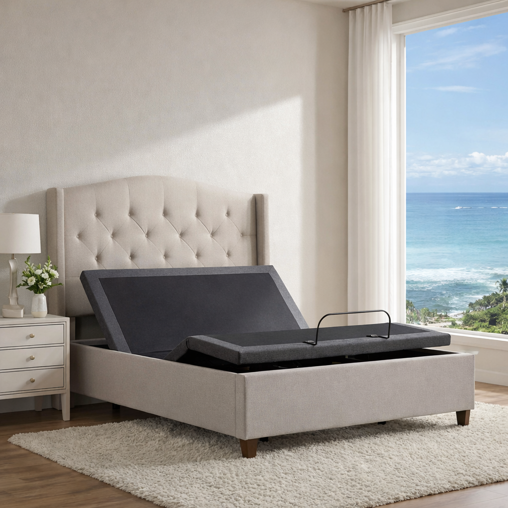 King Malouf adjustable bed frame in bedroom setting 