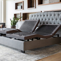 "Split Queen Adjustable bed base side view showing positioning features" 