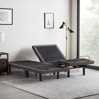 "Split queen adjustable bed base showing head and foot articulation with massage features"