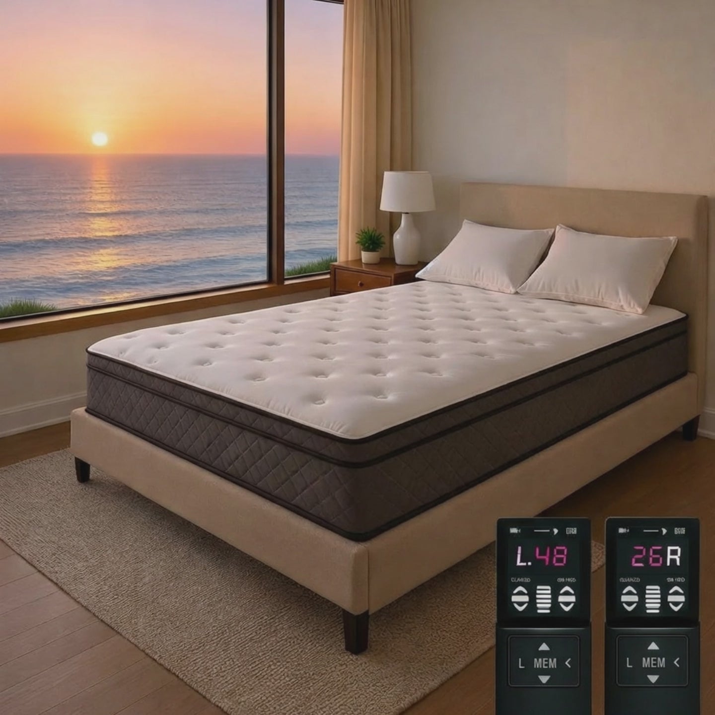 King air mattress in a luxury bedroom with ocean sunset view – Beverly Hills Bed"