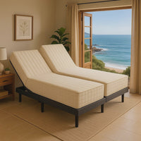  "Split queen latex mattress and adjustable base in modern bedroom setting"